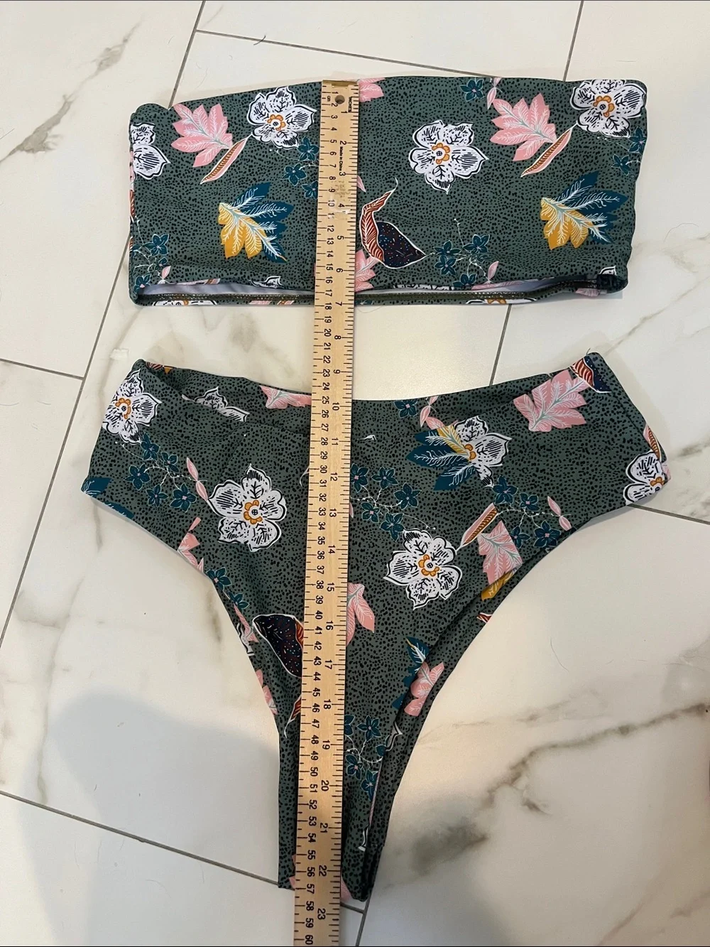 Floral Bandeau Bikini Set - Green with Pink & Yellow Accents